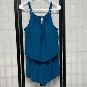 Aqua Green Blouson One Piece Keyhole Neck Swim Romper Dress UPF Teal NWT Pockets